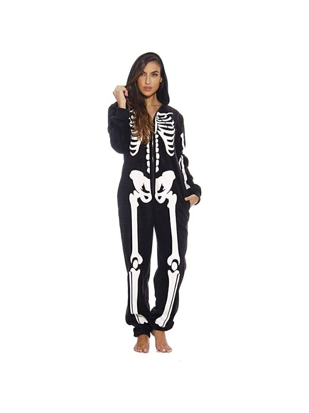 Full body Black Skeleton Women Onesie Halloween Cosplay Costume Bondage Hood NWT